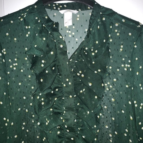 H&M Plumeti Blouse Dark Green with White Polka Dots Ruffle Ling Sleeve 12 - Picture 8 of 9